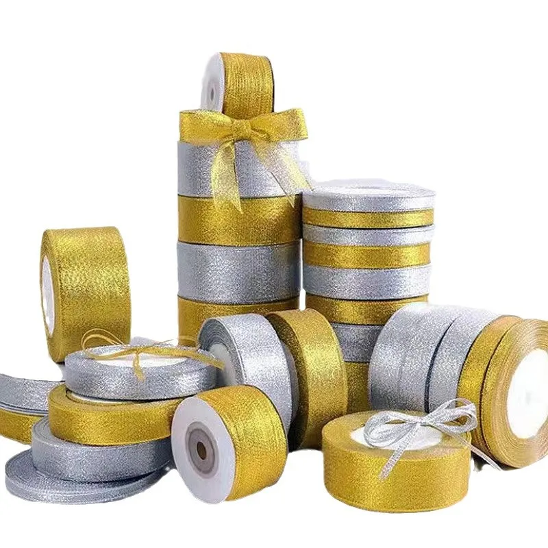 25 Yards/Lot 6mm-40mm Gold Silber Glitzerband für DIY Schleifen, Bastelarbeiten, Geschenkverpackungen, Hochzeits- und Weihnachtsdekoration, Nähzubehör – Detail 8