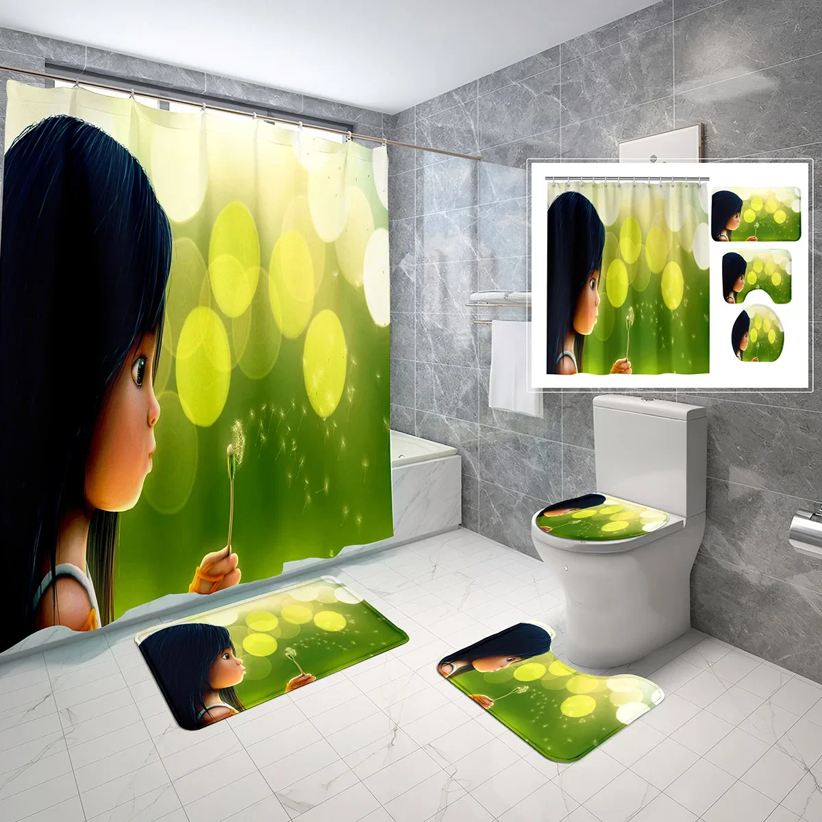 

Cute Cartoon Girl Shower Curtain Sets 4 Pcs with Non-Slip Rugs Mat Toilet Lid Anime Illustration Waterproof Shower Curtain Set