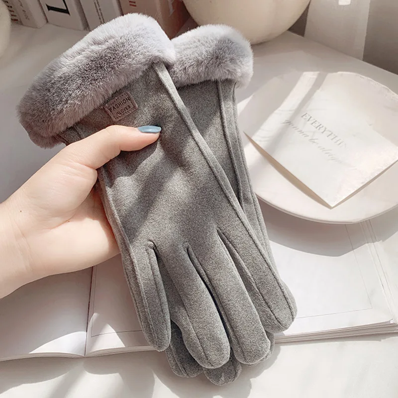 Women Touch Screen Warm Gloves Black/Grey/Pink/Beige Autumn Winter Furry Full Finger Mittens Outdoors Coldproof Driving Gloves