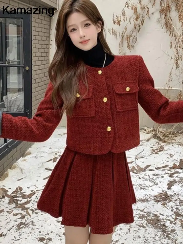 Conjunto de dos piezas de Tweed rojo para mujer, Chaqueta corta, abrigo, minifalda plisada, moda coreana, trajes femeninos elegantes, otoño e invierno, nuevo