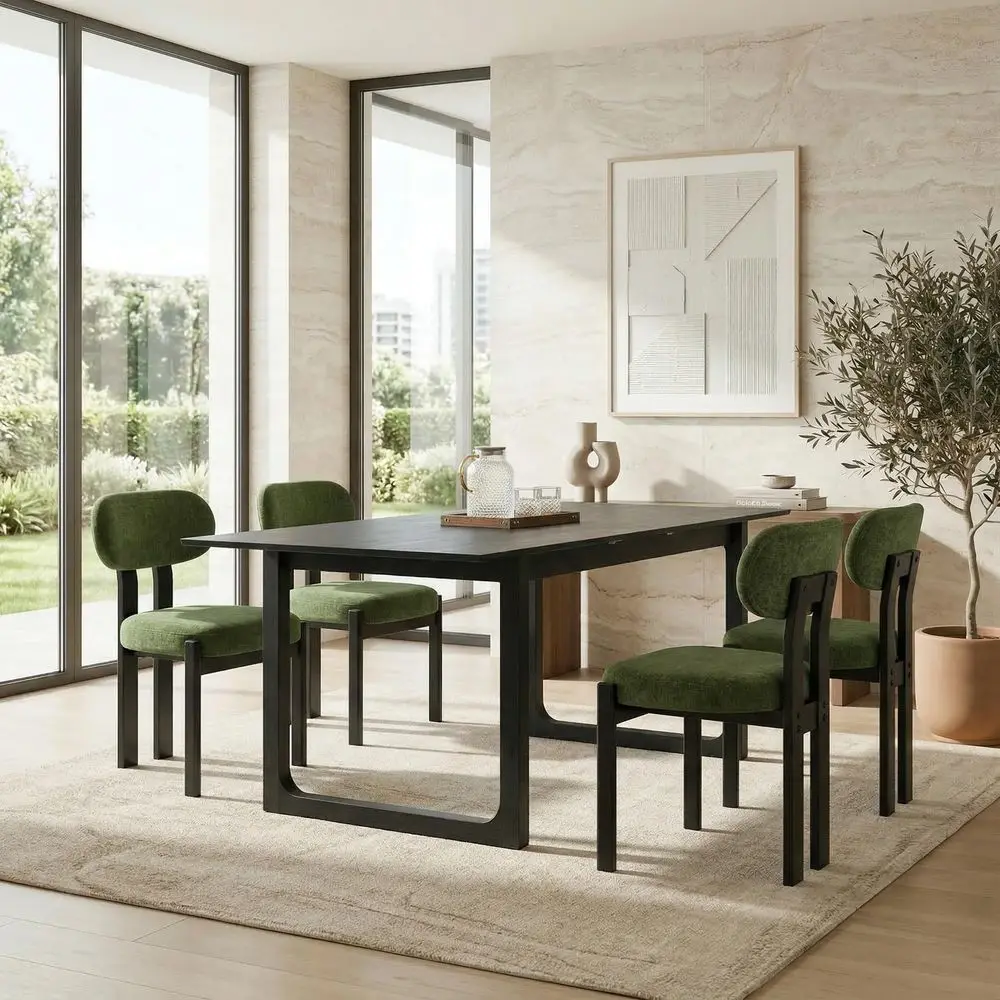 

Modern Curved Back Armless Dining Chairs Set of 4, Retro Green Chenille Upholstery with Black Wooden Legs