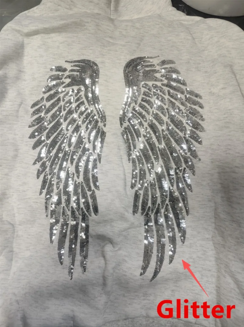 Leisure Spring and Autumn Sweater Wing Print and Hot Rhinestone Two Styles Women's Long-sleeved Pullover Hoodie