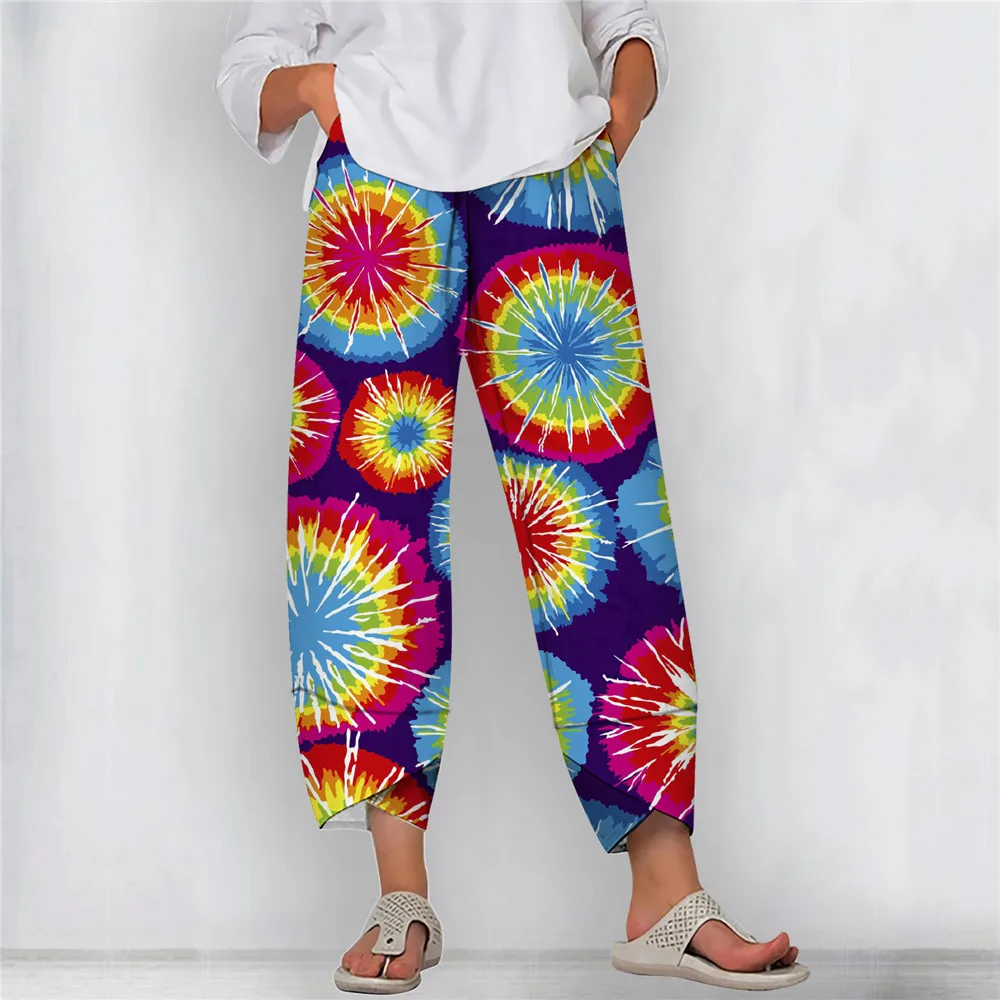 

CLOOCL Women Baggy Pants Tie Dye Swirl Art Graphics Printing Wide-legged Pants Ankle Design Trousers Summer Trousers