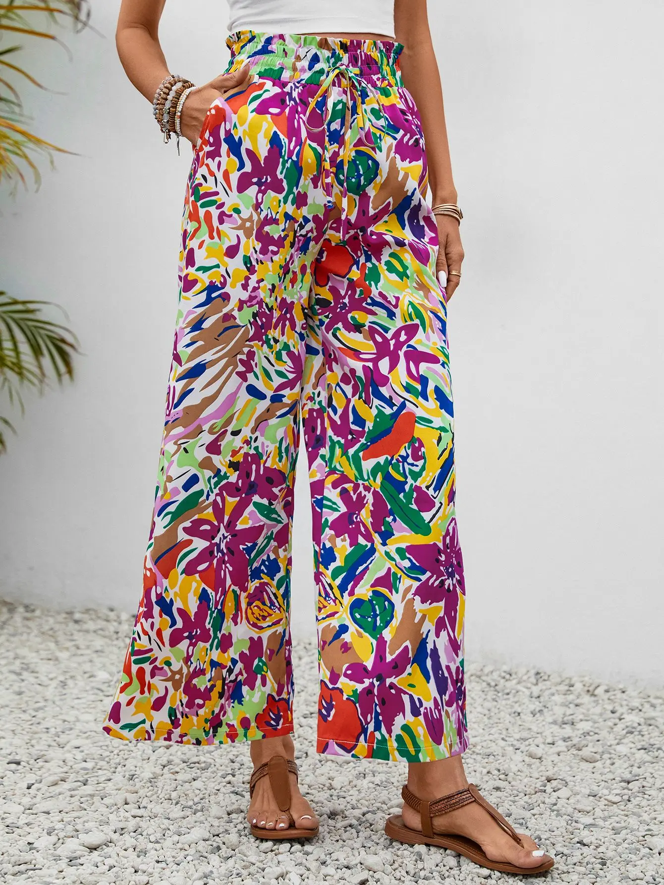 

Женские широкие брюки с цветочным принтом, эластичным поясом и завязками, свободные и струящиеся брюки-палаццо