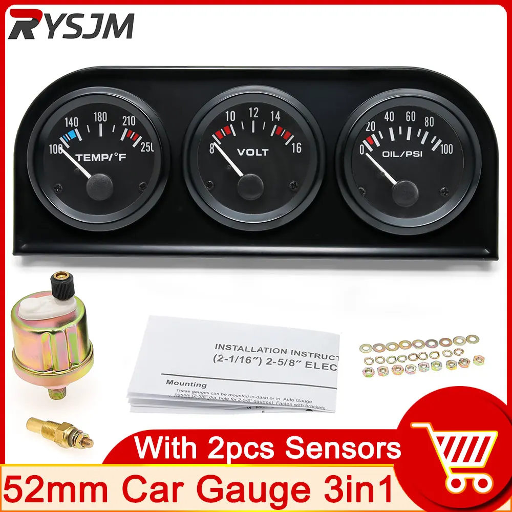 3 in 1 Car Water Temperature Gauge 52mm Oil Pressure Gauge Voltmeter Voltage Meter Auto Triple Gauge Kit Chrome customized