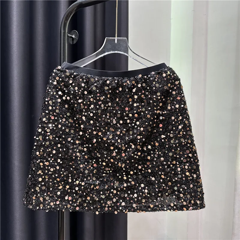 

Women's Sequin Skirt Sparkle Stretchy Bodycon Mini Skirts Night Out Party Black High-Waisted Mini Skirt Vintage Female Skirts