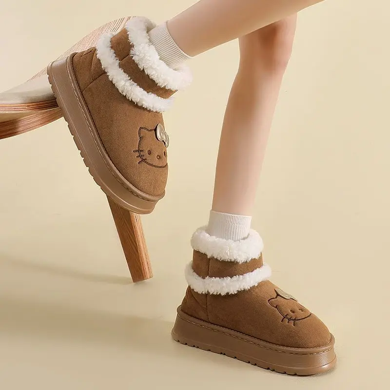 Botas de Nieve Kawaii Hello Kitty con Plataforma para Mujer, Botines Cortos de Gamuza con Forro de Sherpa Cálido y Afelpado, Antideslizantes, Calzado Diario de Invierno