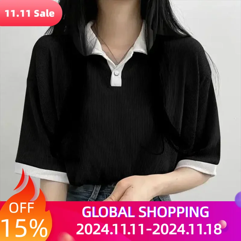 

Yasuk 2023 весенне-Летняя женская Повседневная футболка, Женский пуловер, Свободный Топ, имитация двух частей, костюм, милая мягкая футболка в стиле преппи для девушек