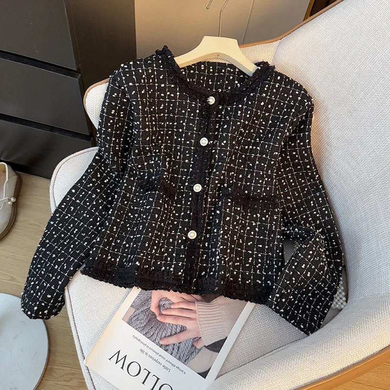 

Твидовый пиджак с длинными рукавами контрастного цвета в клетку, женский однобортный короткий топ на осень 2025 г.