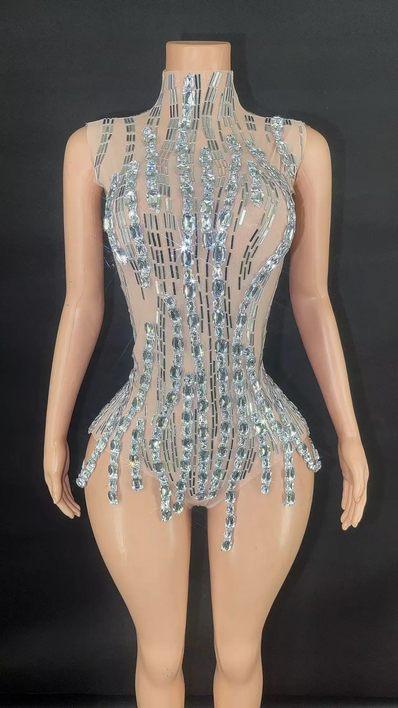 Sexy Skinny Sequins Mirrors Jumpsuit DanceWear Transparent Leggings Stretch CostumeOutfit Performance Outfit