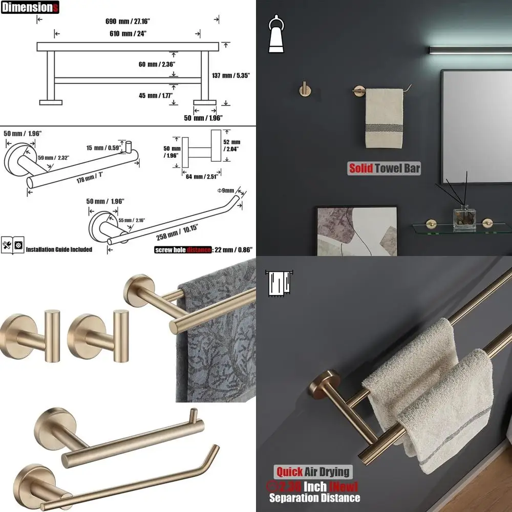 

Champagne Bronze 5-Piece Wall-Mounted Bath Hardware Set with Towel Bar, Holder, Toilet Paper Holder, and Hooks