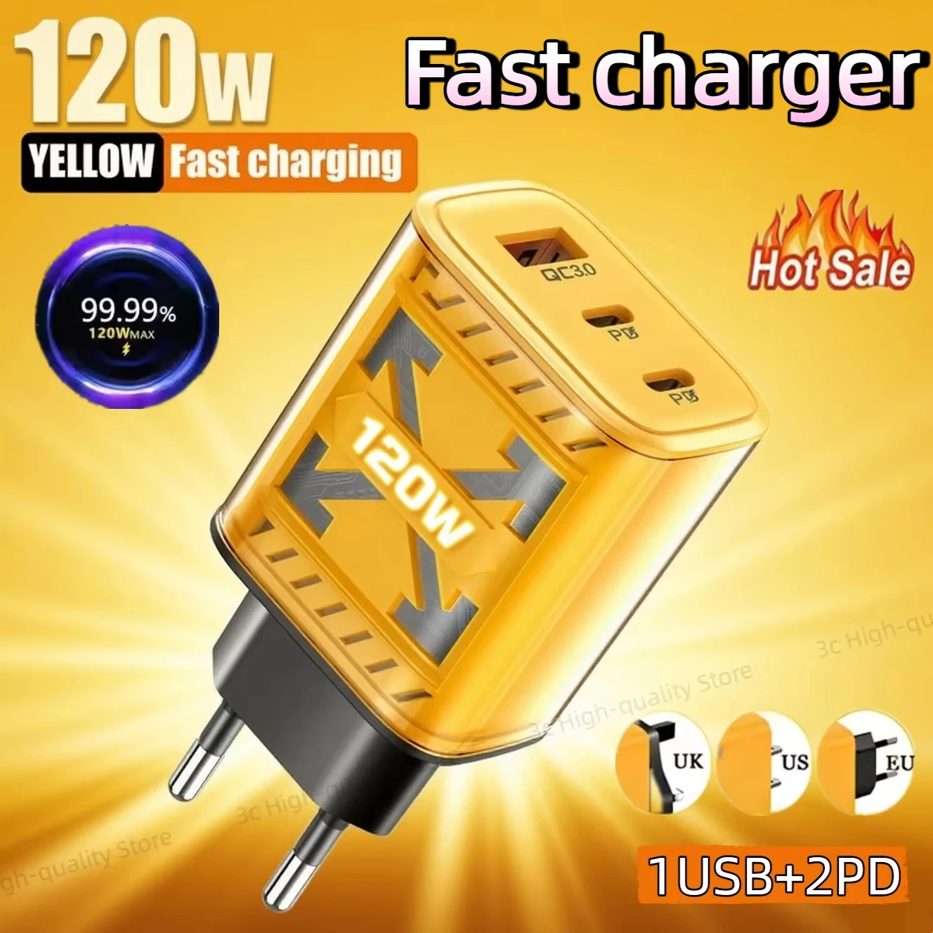 

120w Quick Charge 3.0 Fast Charging Muti Total 3 Port USB Type C Pd Mobile Phone Wall Adapter For Iphone 16 Xiaomi Samsung S24