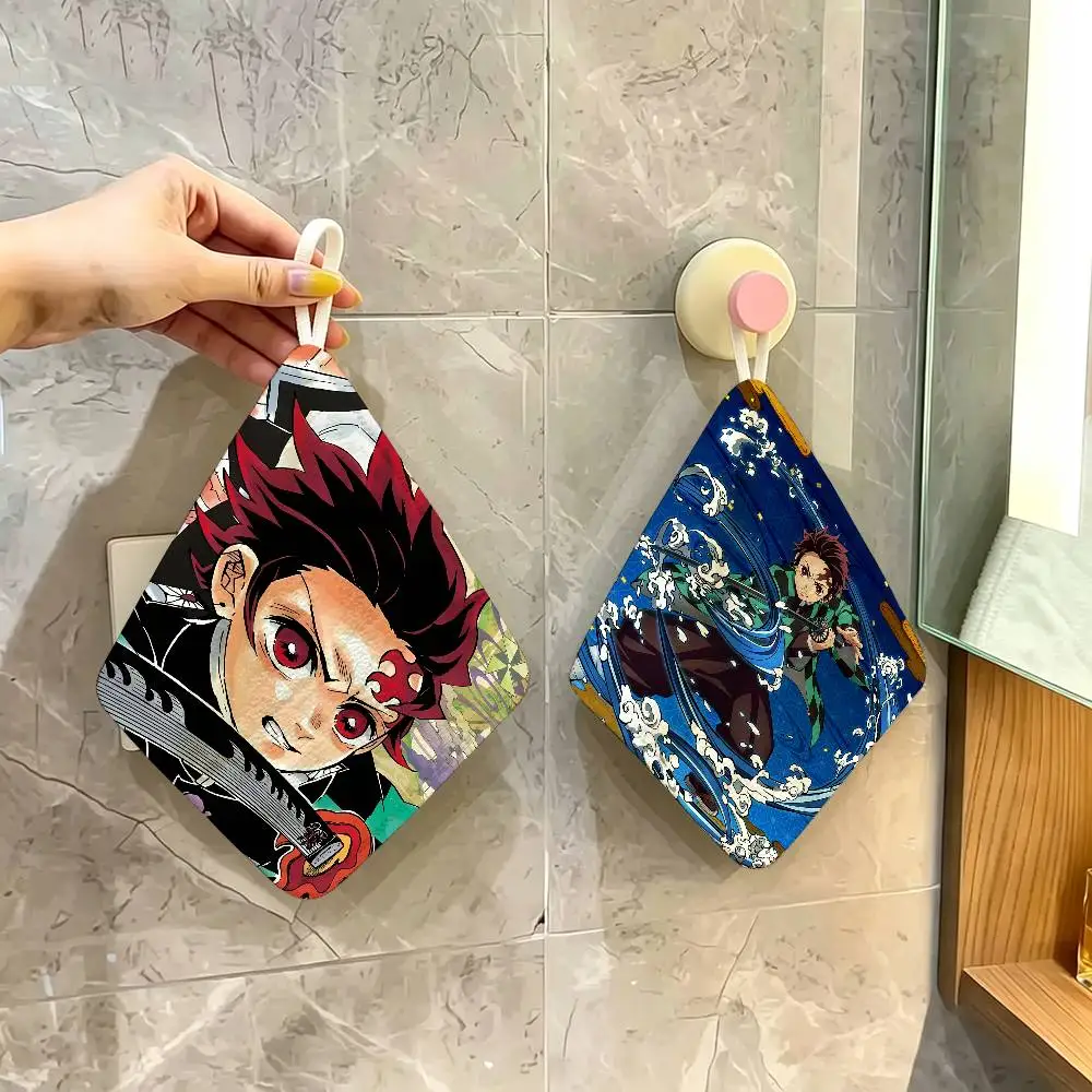 Anime Character Tanjiro Kamado Polyester Cotton Hanging Hand Towel, Super Absorbent Hand Wiping Towel for Daily Household Use