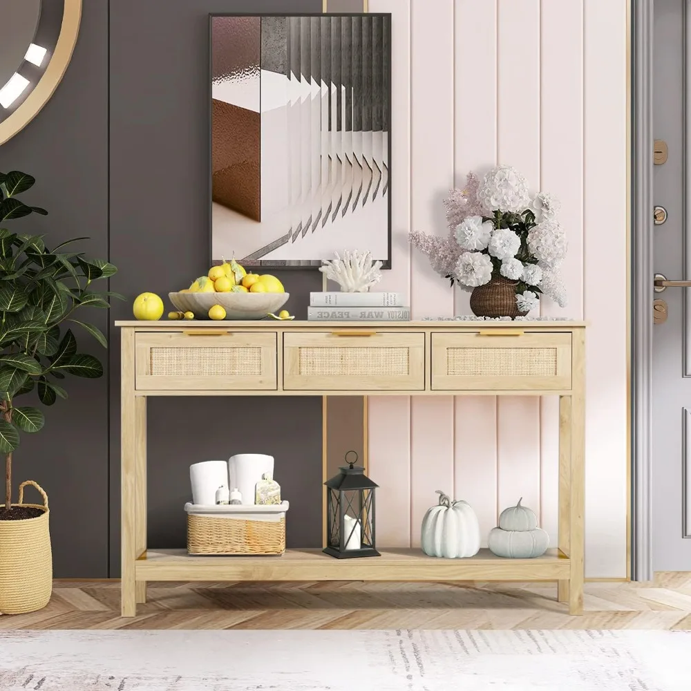 Rattan Dresser Table Bohemian Entryway Table Corridor Foyer Table with 3 Drawers and Open Storage Shelf, Natural Wood