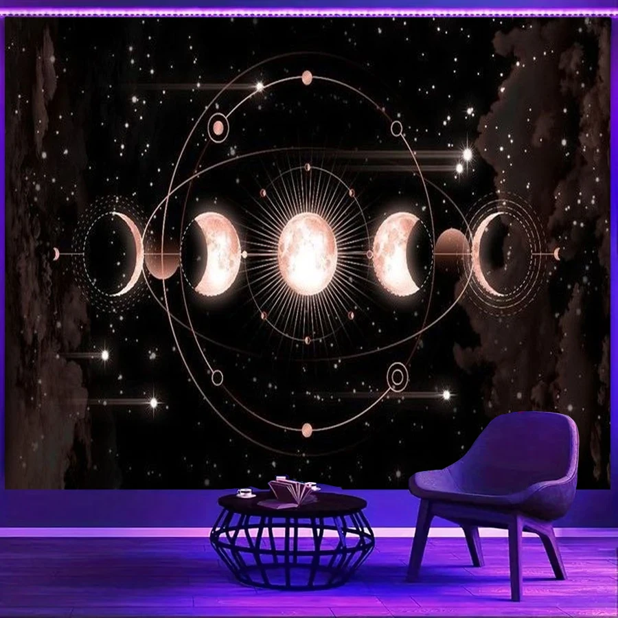 1PC Moon Phase Starry Black Print Backdrop Banner, Bedroom Living Room Photo Background, Polyester, Home Decor, Wall Art