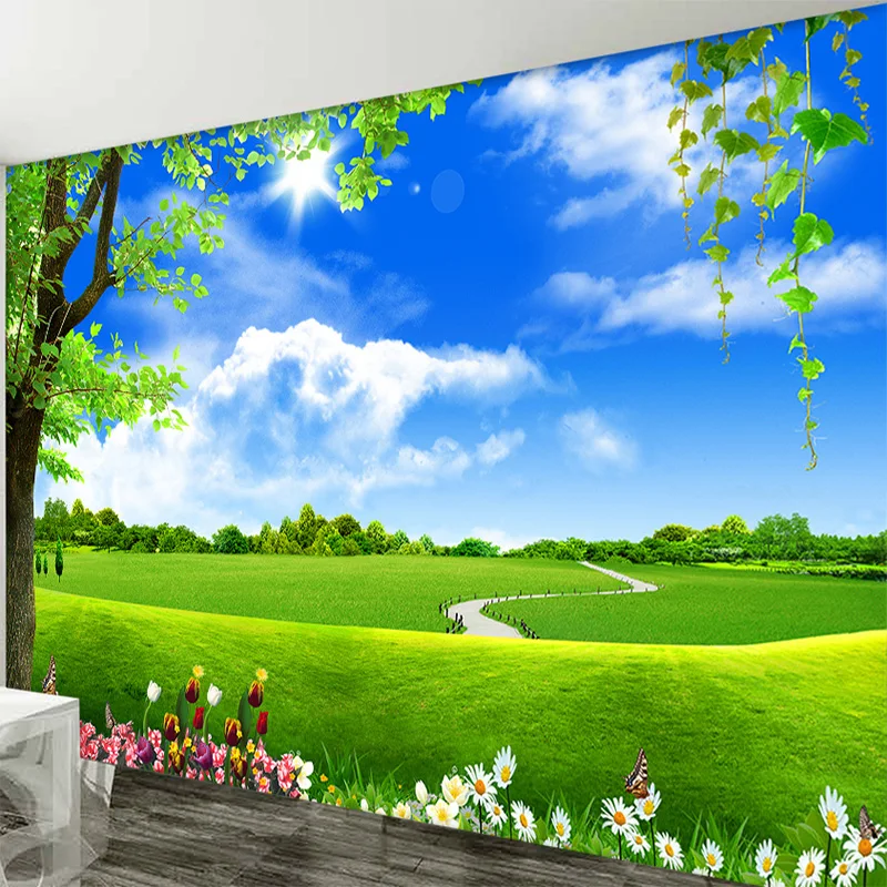 

Custom 3D Mural Wallpaper Blue Sky White Cloud Tree Scenery Living Room TV Sofa Background Non-Woven Straw Wallpaper Decor Mural