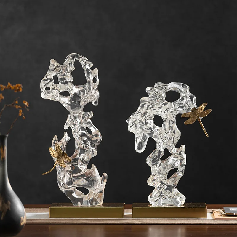 

Yibeizi new Chinese transparent Taihu stone rockery ornament medieval tea room zen model room copper dragonfly ornament