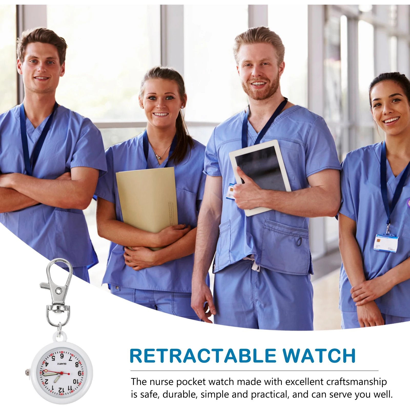 

Nurse Watch Clip-on Doctor Pocket Watches for Women Students White Hook Durable Stainless Steel Smooth Surface Numbers Design