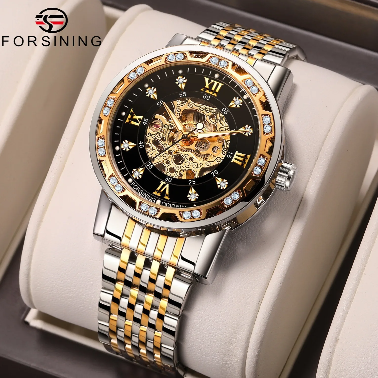 Fashion Men's Automatic Skeleton Watch Full Stainless Steel Band Diamond-Cut Dial Butterfly Clasp Luxury Mechanical Wristwatches