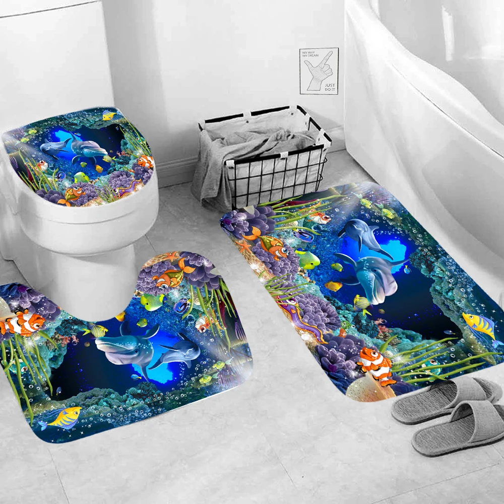 3pcs Dolphin Sea World Shower Bathroom Mat Non Slip Mug Carpet Modern Animals Toilet Seat Lip Cover Bath Home Decor Accessories