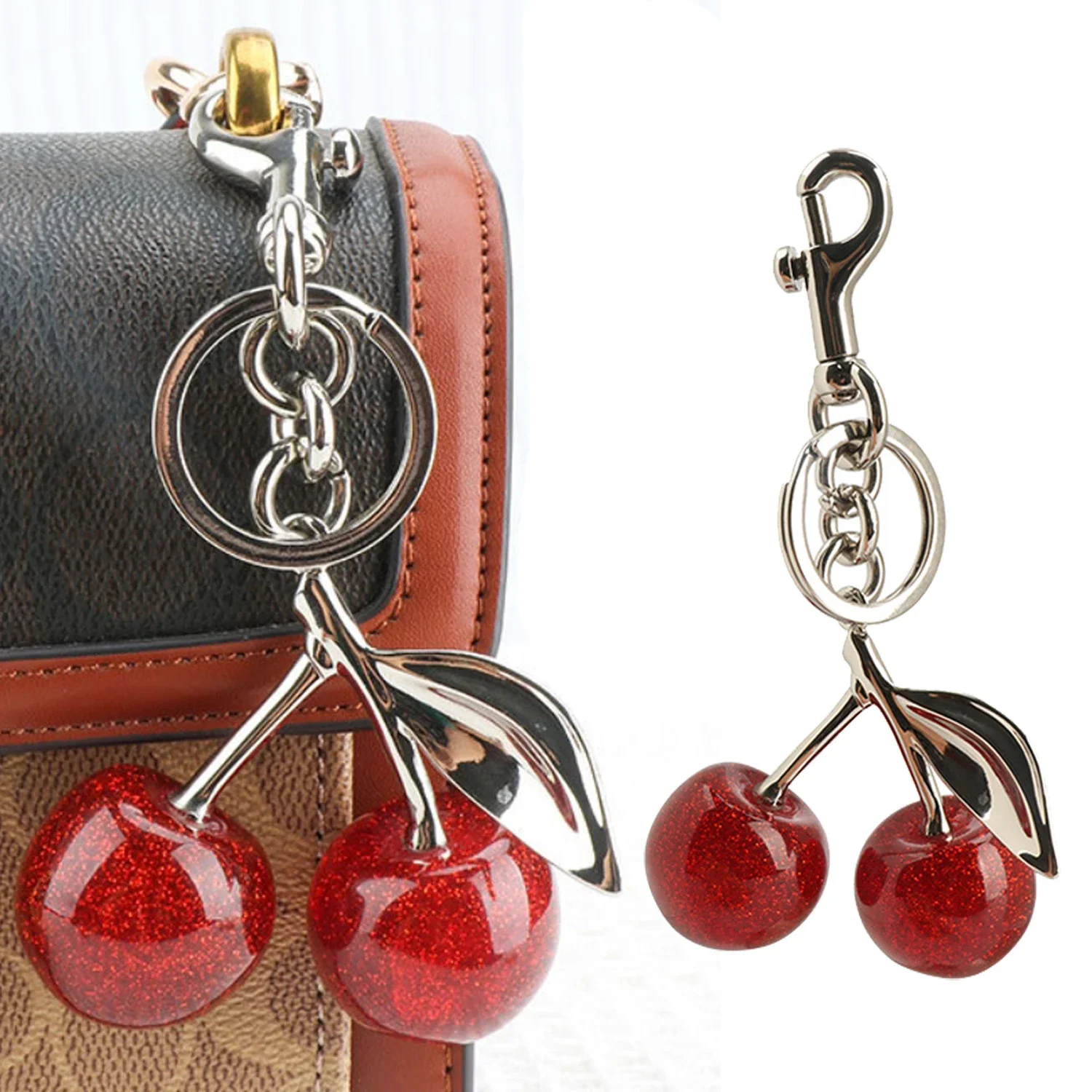 Silberner Kirschfrucht-Taschen-Charm-Schlüsselanhänger, roter Kirsch-Schlüsselanhänger für elegante Frauen, Rucksack, Geldbörse, Anhänger, Schmuck, Accessoires, Geschenk