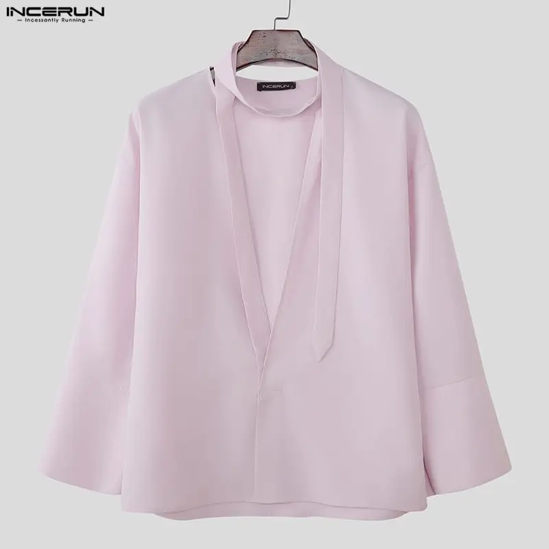 

INCERUN Мужская рубашка, однотонная, с глубоким v-образным вырезом и длинным рукавом, мужская одежда, уличная одежда, свободная одежда с поясом, 2026, модные повседневные топы Camisas