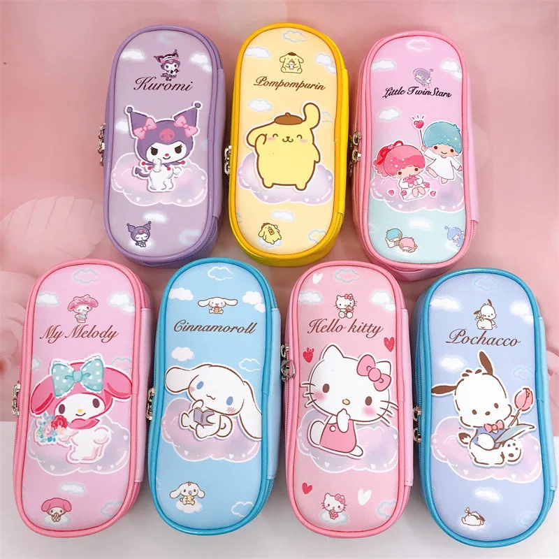 Sanrio Double Zipper Waterproof Pencil Case Hello Kitty Kuromi Cinnamoroll Large Capacity Pencil Stationery Bag School Supplies