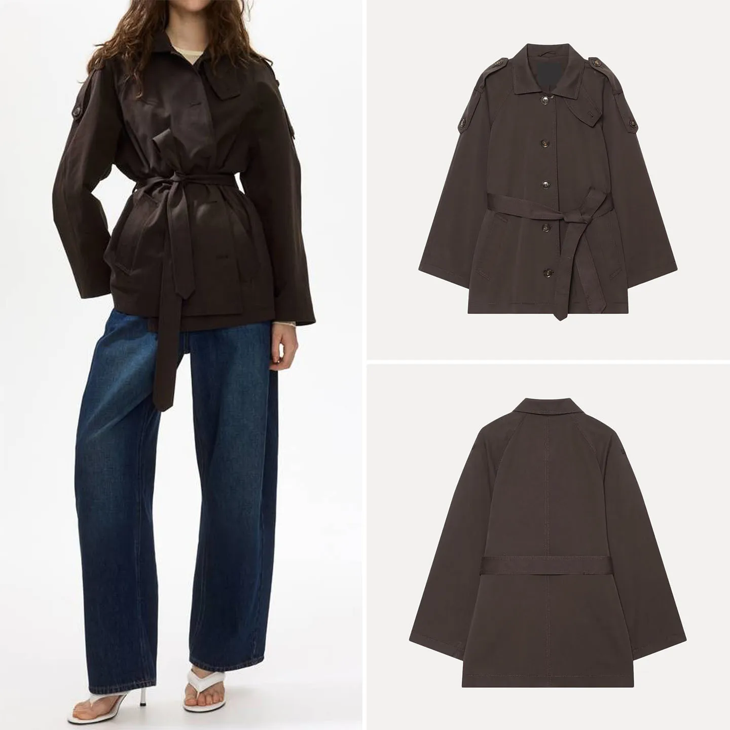 Fashionable Women's Long Sleeve Collared Coat with Belt Autumn 2026 Checkered Pattern Casual Loose Fit Button Closure