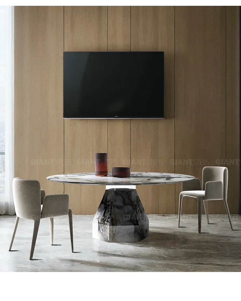 Natural marble dining table household villa large modern high-end luxury stone round dining table and chairs