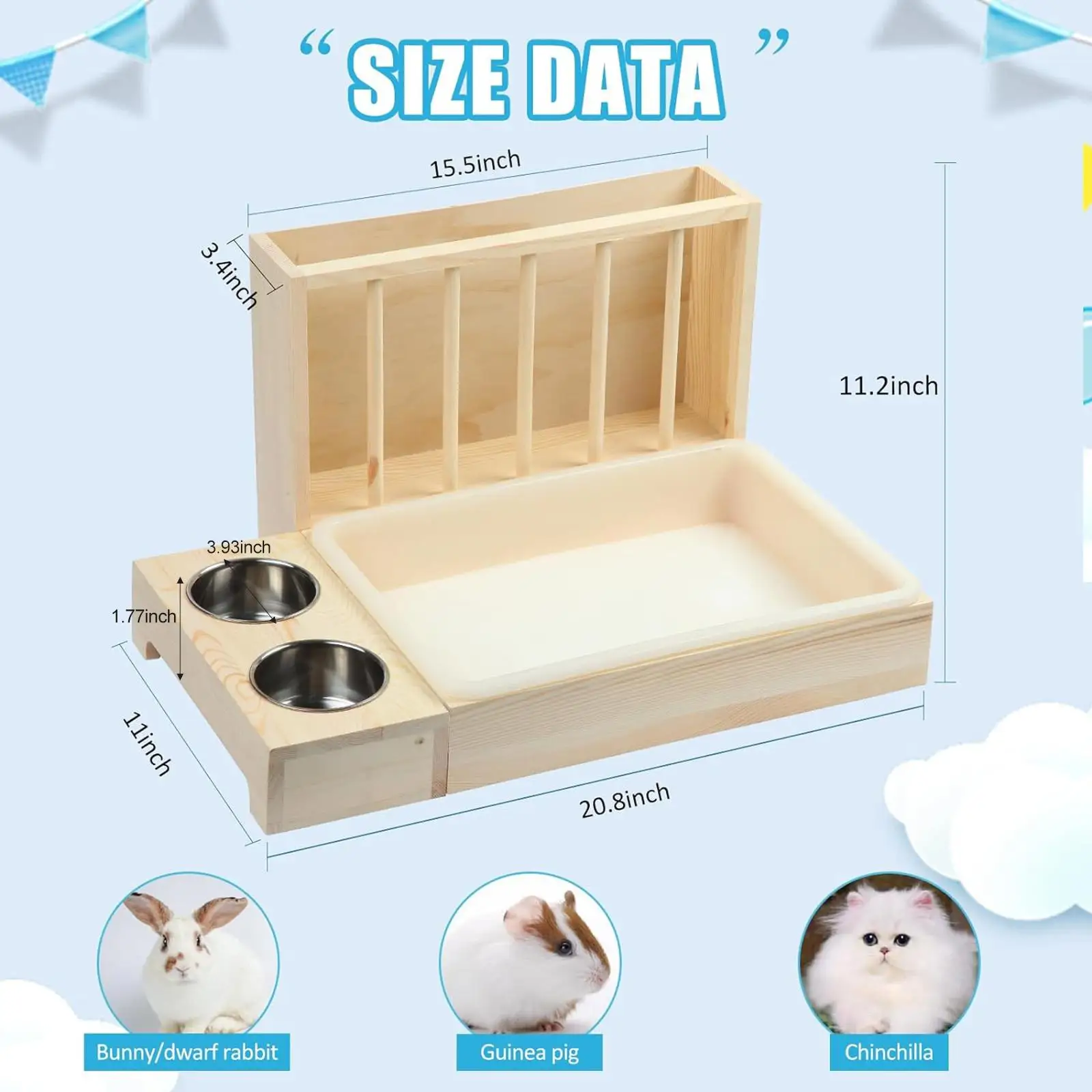 3 in 1 Wooden Bunny Hay Feeder Small Animal Hay Holder Rabbit Toilet Cage Accessories with Bowl for Guinea Pig Hamster Bunny