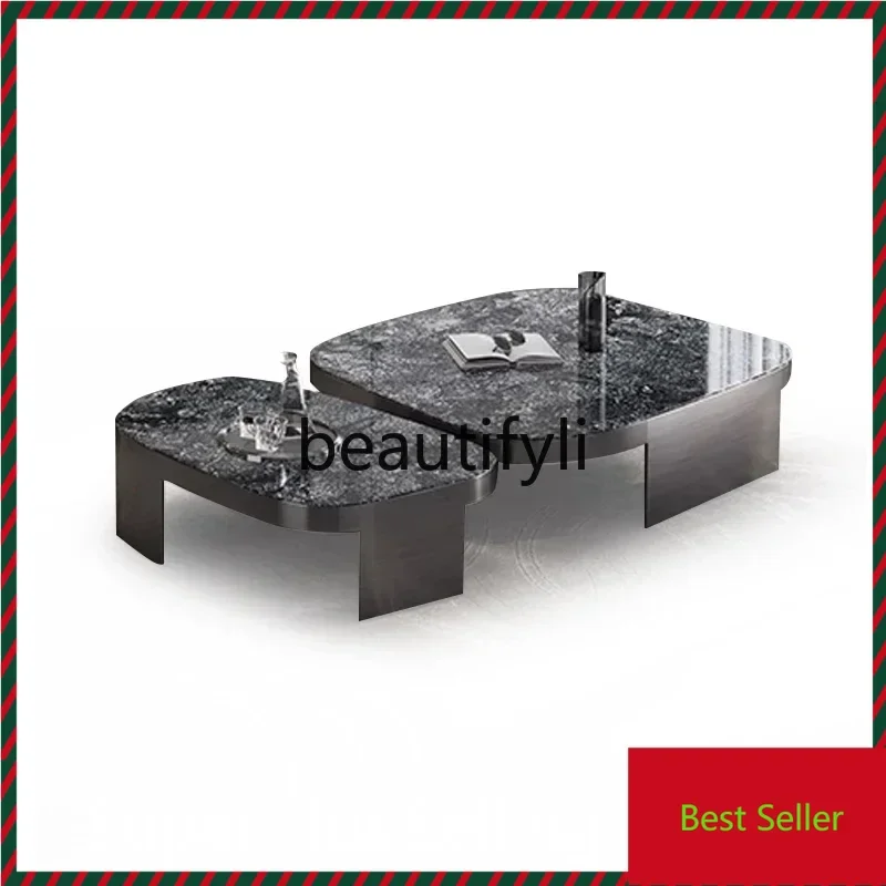 

Coffee table light luxury modern high sense 2024 new stainless steel special-shaped rock slab G1218
