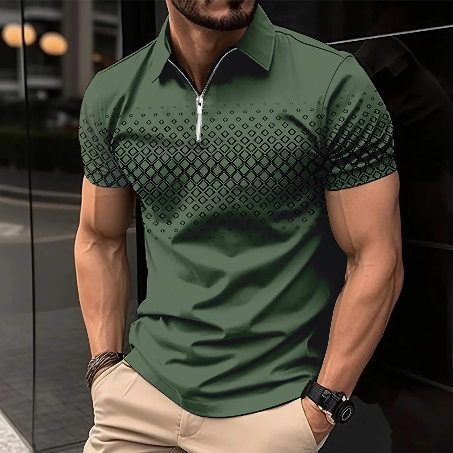 Zipper Men\'s Polo Short Sleeved Casual Men\'s Clothing Micro Elastic Breakable Zipper Polo Men Fashion Top Daily Shirt