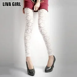 Liva Ragazza Sexy Fresco Fresco di Estate Delle Donne di Rosa Del Merletto Sexy Leggings Hollow Slim Pantaloni Elastici Nero Bianco Casual Leggings Femminile