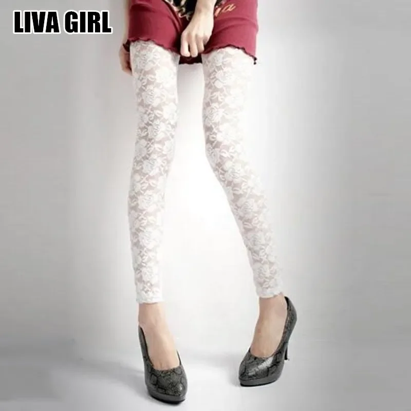 Liva Girl Sexy świeże fajne lato kobiety Rose Lace Sexy legginsy Hollow Slim elastyczne spodnie czarne białe legginsy na co dzień kobiet