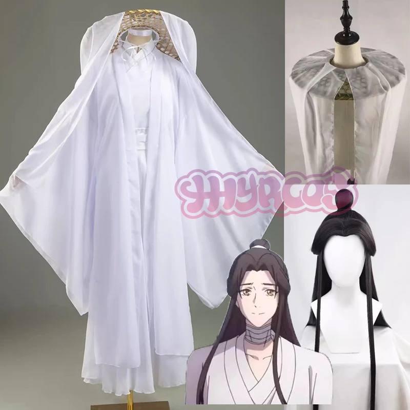 Peluca de Cosplay de Anime Xie Lian, peluca de Tian Guan Ci Fu, pelucas Xielian, sombrero de bambú, atuendo Blanco Han Fu