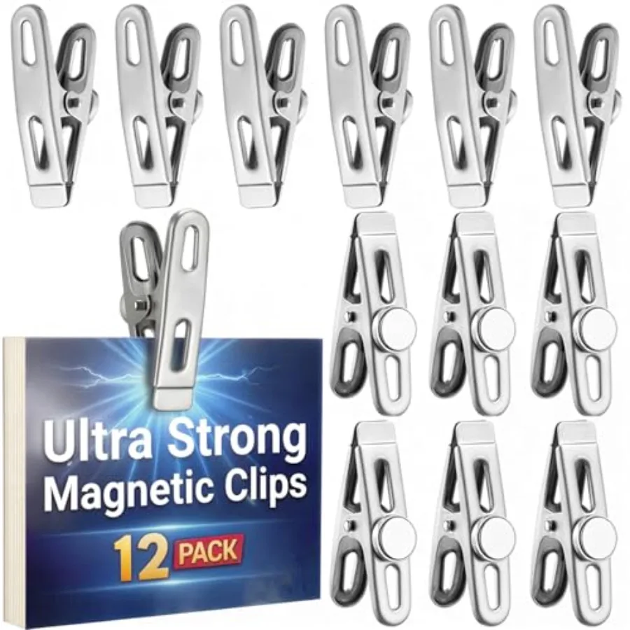 Magnetic Chip Bag Clips for Fridge, 12 Pack Heavy Duty Fridge Magnet with Strong Neodymium, Food Storage and Office Photo Calen