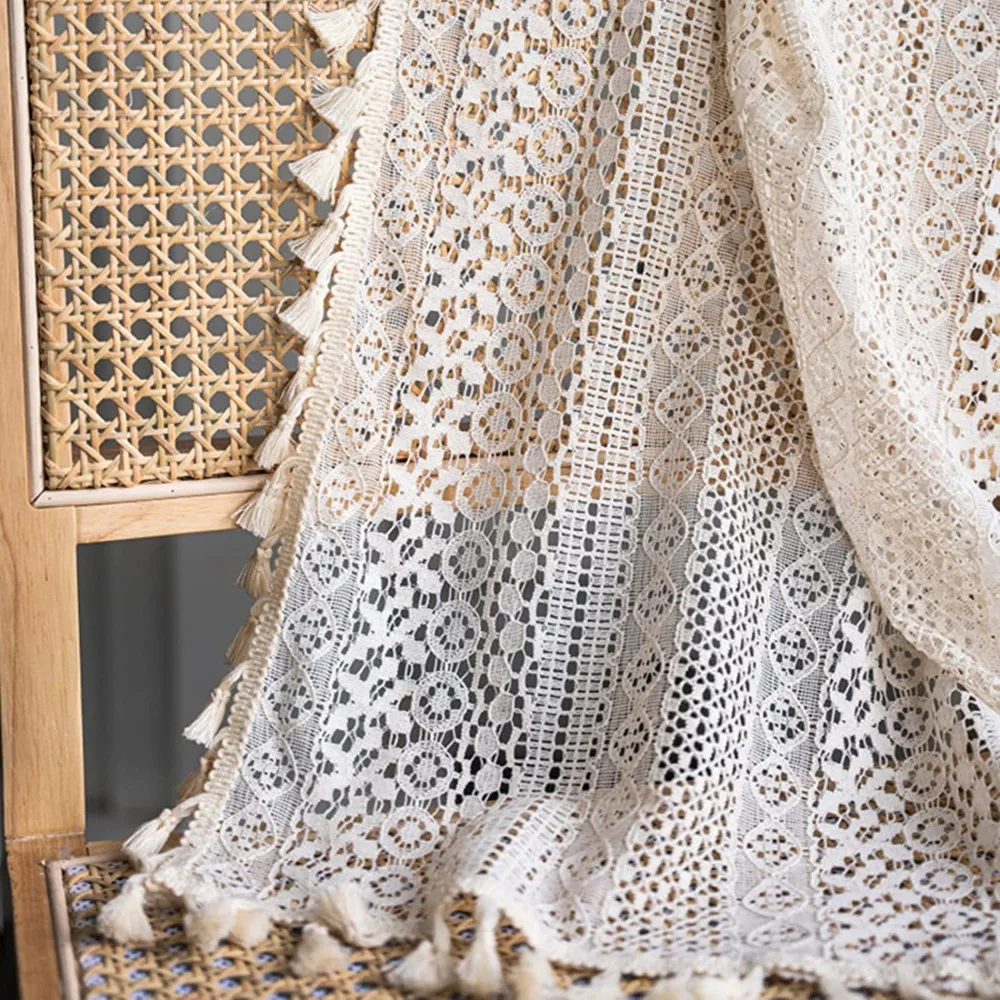 Window Treatment Translucent Crochet Curtain Tassels Multi Size Cotton Curtain Beige Hollow Hollow Curtain Balcony