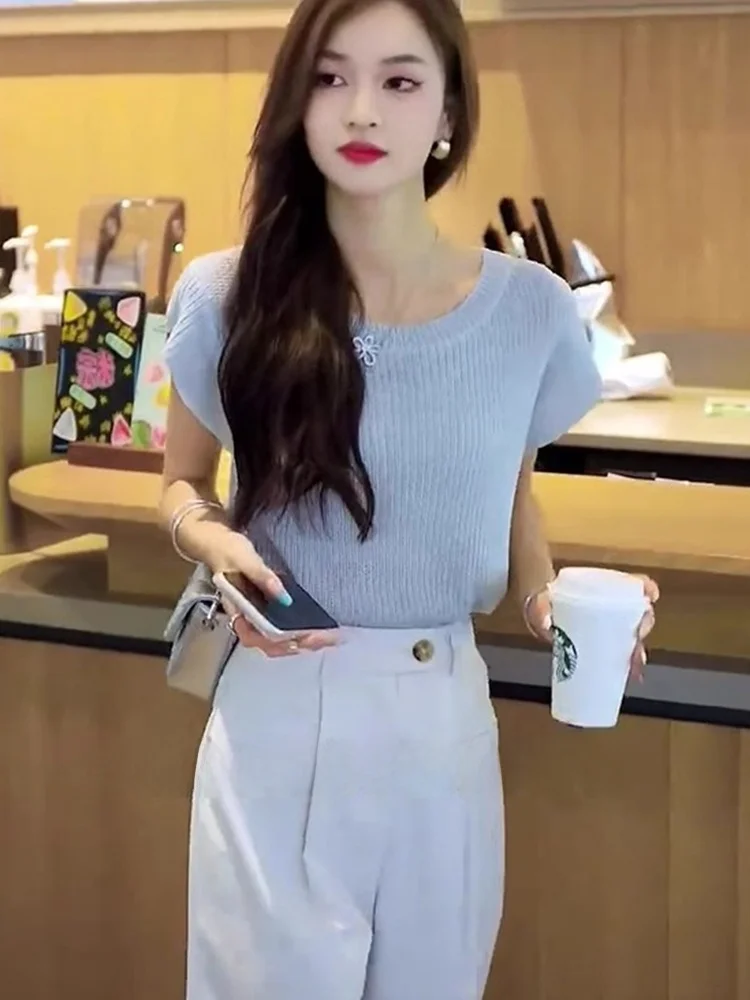 エレガントな半袖アイスシルクニットトップ女性のファッションバック中空クラシックソリッドカラー夏痩身快適なフィット感