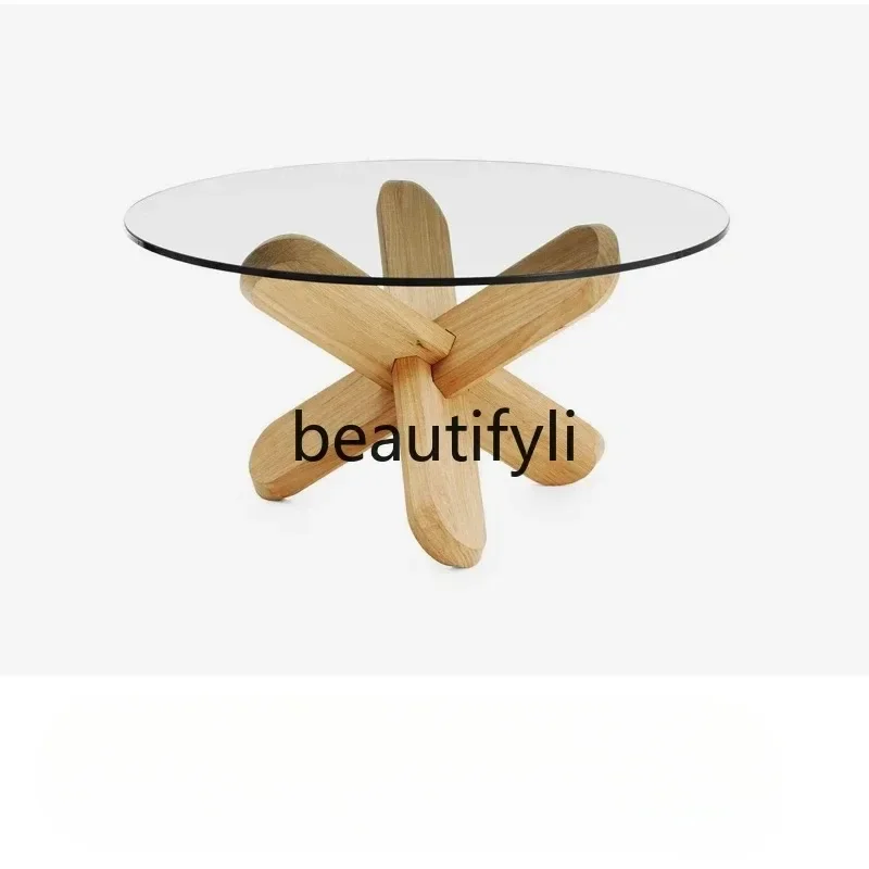 Nordic oak three-dimensional wooden glass coffee table/side table