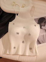 2025 New Rhinestone Knitted Tank Top White Black Crew Neck Sleeveless Tank Top for Summer Women Clothing Crop Top Camis