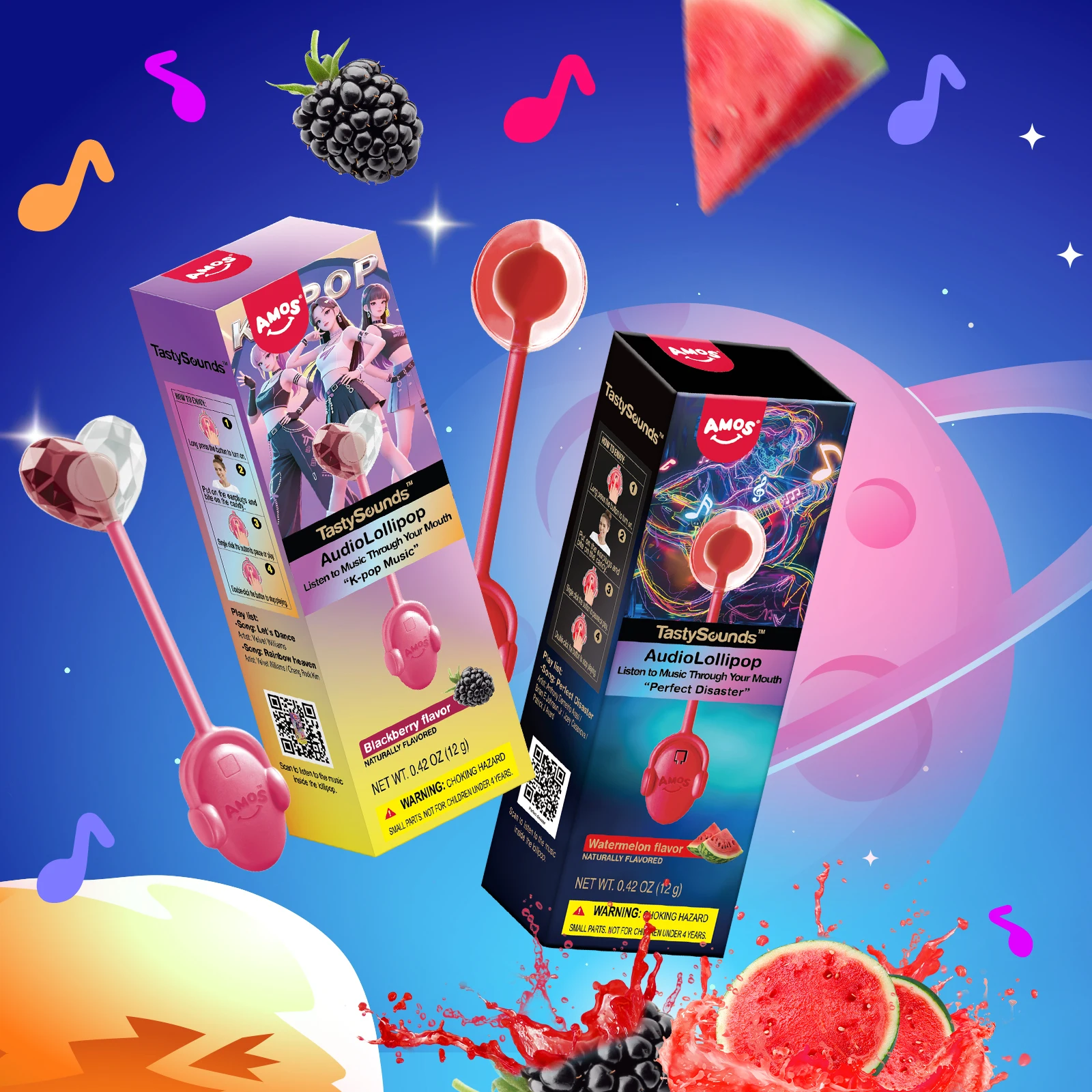 Amos TastySounds Audio Singing Smart Lollipop Gift Watermelo&Blackberry Flavor Bone Conduction Music Lollipop Candy