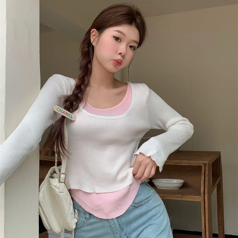 

O-neck Long-sleeved T-shirts Women Autumn New Color Collision Office Lady Bottoming Tops Korean Style Basics Fashion Tops Female