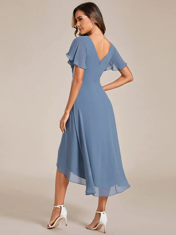 Ever-Pretty 2024 Woman\'S Chic V Neck Asymmetrical Hem Ruffles Sleeve Pleated Chiffon Dress
