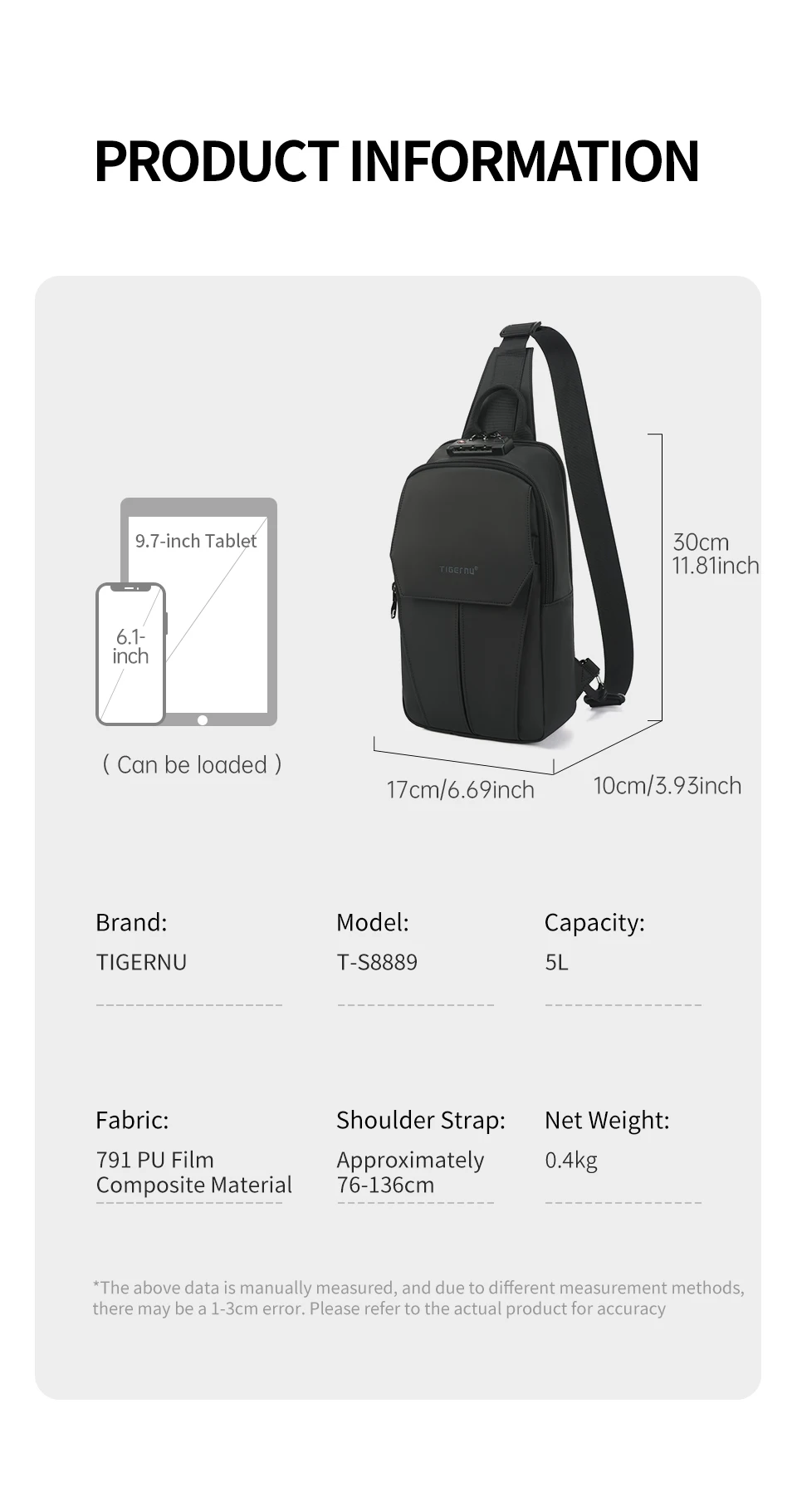 Tigernu Brusttasche für Herren, 9,7 Zoll, IPad-Tasche, koreanischer Stil, Umhängetasche, wasserdichte Umhängetasche, Anti-Diebstahl-Tasche für Herren, TSA – Detail 5