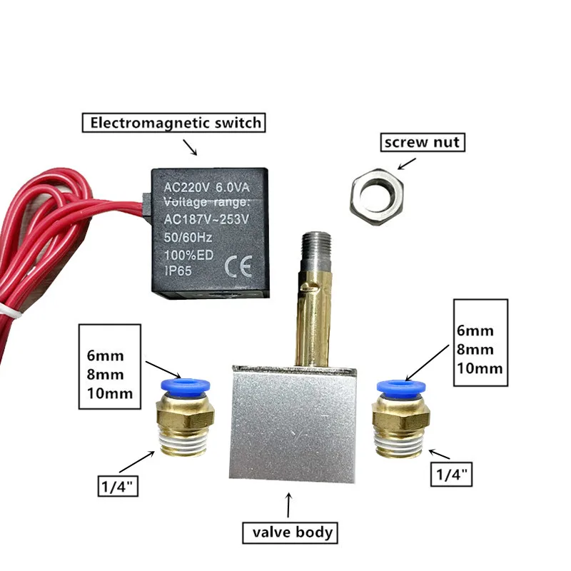 Válvula Solenoide neumática normalmente cerrada de 2 vías con conector rápido, 12V, 24V, 110V, 220V, 1/4 \