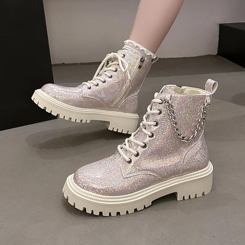 Women Autumn Silver Short Boots 2025 Trend Comfort Casual Hip-Hop Dance Shoes With Sequin Club Party Woman Lace-up Ankle Boots