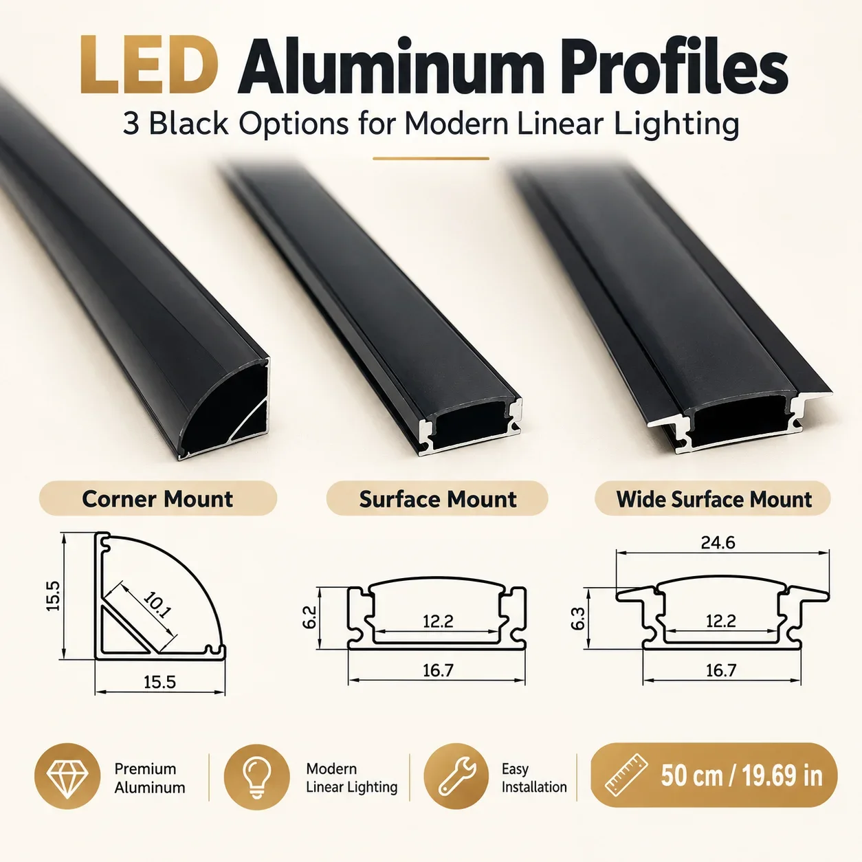 LED aluminum channel 0.5m for 3528 5630 5050 LED strip UVW shape LED aluminum channel Black cover