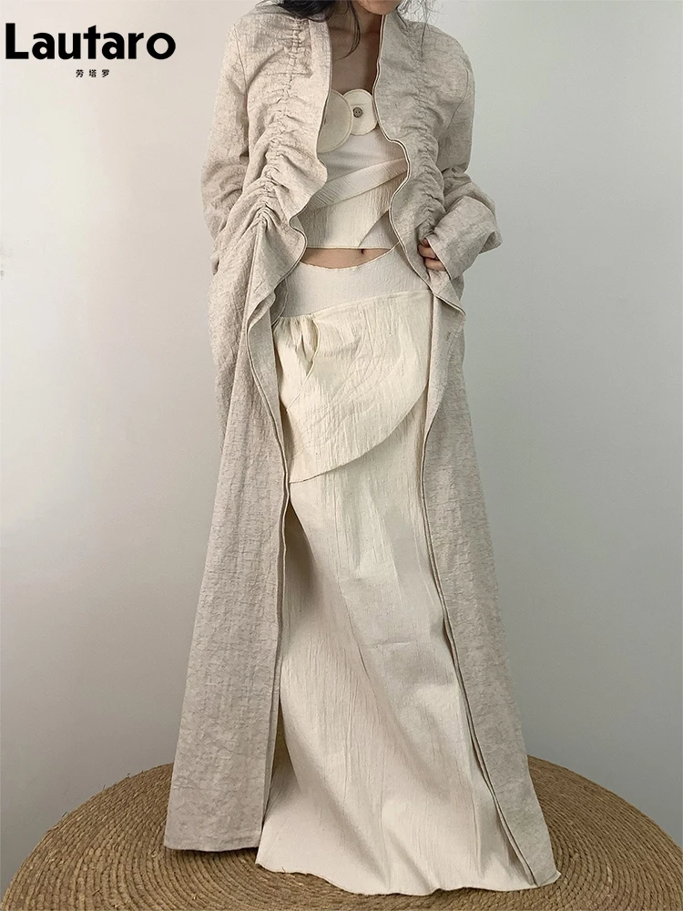 Lautaro Spring Autumn Extra Long Ruffled Soft Trench Coat for Women Elegant Chic Stylish Luxury Designer Clothes Overcoat 2026