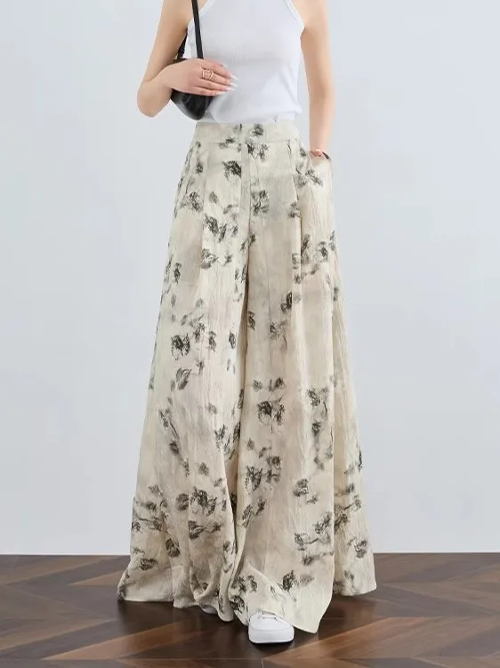 

Женские широкие брюки Laid-ba Sle, новинка 2025 года, весна-лето, в китайском стиле, с высокой талией, тонкие, с принтом, длинные брюки-юбка