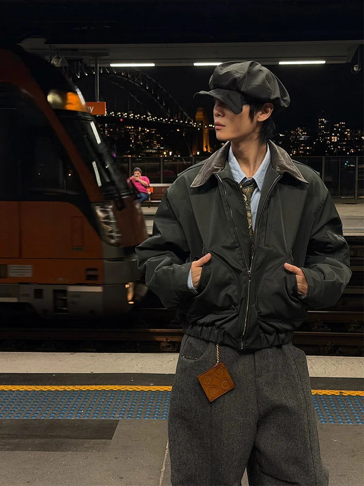 

EAHO American Retro Leather Collar Flight Jaet Cotton Outerwear ex Autumn Winter Loose Street Sle Versatile Coat